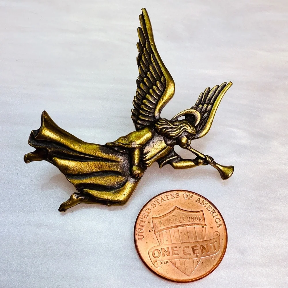 Vintage Brasstone Angel wings Horn Holiday Brooch Pin